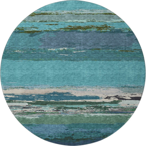 HomeRoots 8' X 8' Washable Teal Green and Ivory Abstract Round Rug with UV Protection for High-Traffic Areas 692730