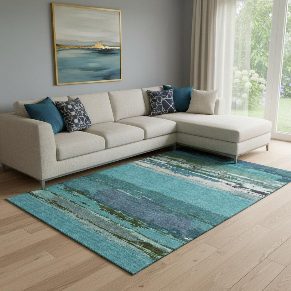 HomeRoots 8' Teal Green and Ivory Abstract Area Rug - Washable, UV-Protected, Durable, Family-Friendly Choice 692731