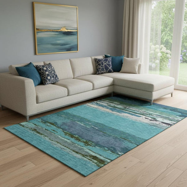 HomeRoots 8' Teal Green and Ivory Abstract Area Rug - Washable, UV-Protected, Durable, Family-Friendly Choice 692731