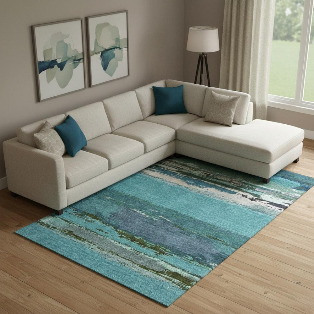 HomeRoots 9' X 12' Teal Green Abstract Area Rug - UV Protected, Washable, Durable & Stylish for Any Space 692732