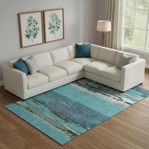 HomeRoots 10' X 14' Teal Green & Ivory Abstract Area Rug - Washable, UV-Protected, Perfect for Busy Homes! 692733