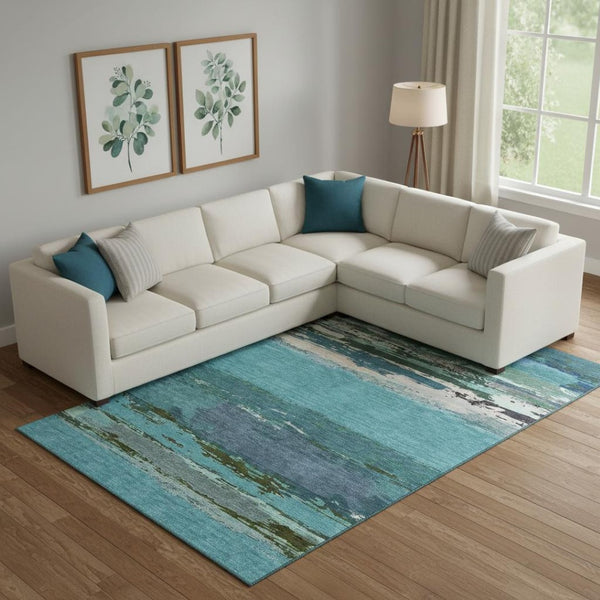 HomeRoots 10' X 14' Teal Green & Ivory Abstract Area Rug - Washable, UV-Protected, Perfect for Busy Homes! 692733