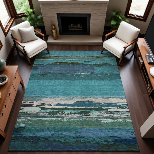 HomeRoots 10' X 14' Teal Green & Ivory Abstract Area Rug - Washable, UV-Protected, Perfect for Busy Homes! 692733