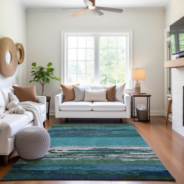 HomeRoots 10' X 14' Teal Green & Ivory Abstract Area Rug - Washable, UV-Protected, Perfect for Busy Homes! 692733