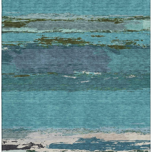 HomeRoots 10' X 14' Teal Green & Ivory Abstract Area Rug - Washable, UV-Protected, Perfect for Busy Homes! 692733