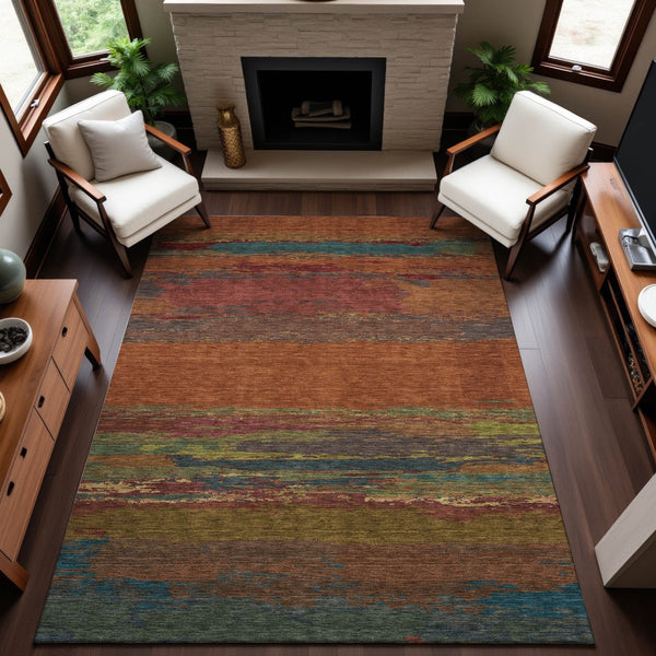 HomeRoots 5' X 8' Modern Terra Cotta, Teal & Green Abstract Area Rug - Washable, UV Protected & Stain Resistant 692735