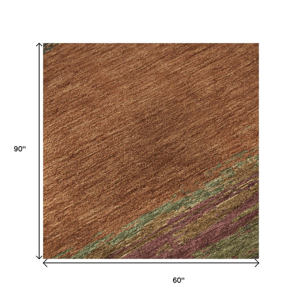 HomeRoots 5' X 8' Modern Terra Cotta, Teal & Green Abstract Area Rug - Washable, UV Protected & Stain Resistant 692735