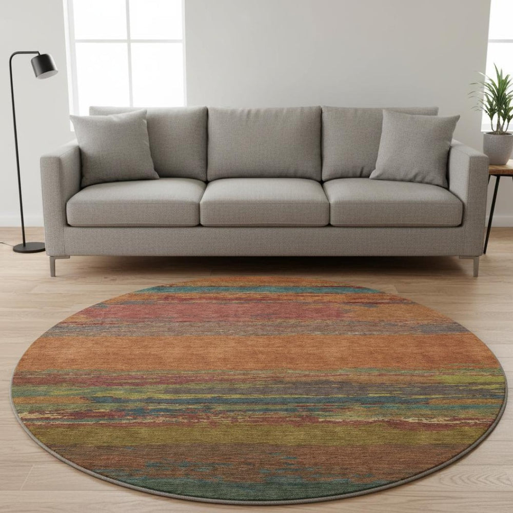 HomeRoots 8' Round Terra Cotta, Teal & Green Abstract Rug - Washable, UV Protected, Durable for Indoor & Outdoor 692736