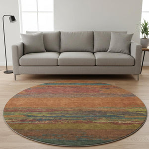 HomeRoots 8' Round Terra Cotta, Teal & Green Abstract Rug - Washable, UV Protected, Durable for Indoor & Outdoor 692736