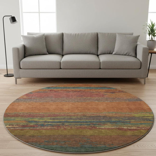 HomeRoots 8' Round Terra Cotta, Teal & Green Abstract Rug - Washable, UV Protected, Durable for Indoor & Outdoor 692736