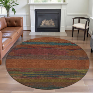 HomeRoots 8' Round Terra Cotta, Teal & Green Abstract Rug - Washable, UV Protected, Durable for Indoor & Outdoor 692736