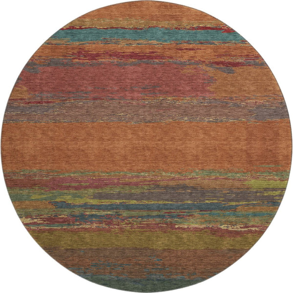 HomeRoots 8' Round Terra Cotta, Teal & Green Abstract Rug - Washable, UV Protected, Durable for Indoor & Outdoor 692736