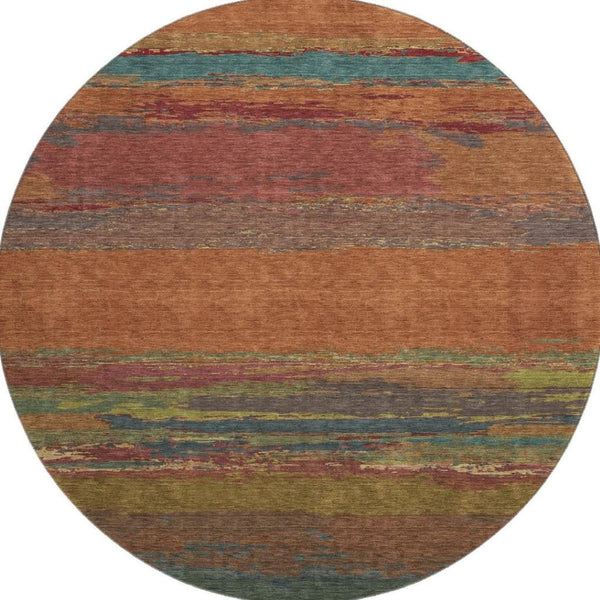 HomeRoots 8' Round Terra Cotta, Teal & Green Abstract Rug - Washable, UV Protected, Durable for Indoor & Outdoor 692736