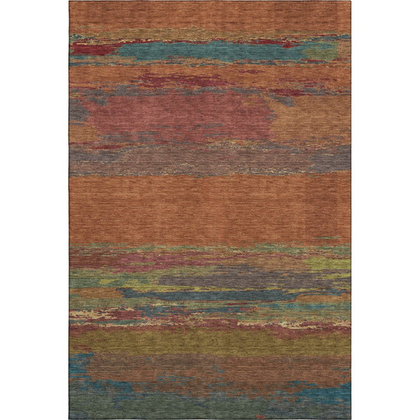 HomeRoots 9' X 12' Abstract Washable Area Rug in Terra Cotta, Teal & Green - UV Protection & Non-Slip Backing 692738