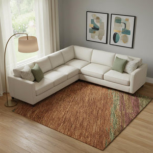 HomeRoots 9' X 12' Abstract Washable Area Rug in Terra Cotta, Teal & Green - UV Protection & Non-Slip Backing 692738