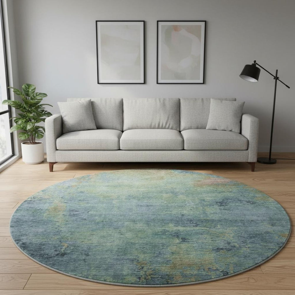 HomeRoots 8' Round Washable Area Rug in Blue Green & Beige - UV Protected, Stain-Resistant, Stylish & Soft 692742