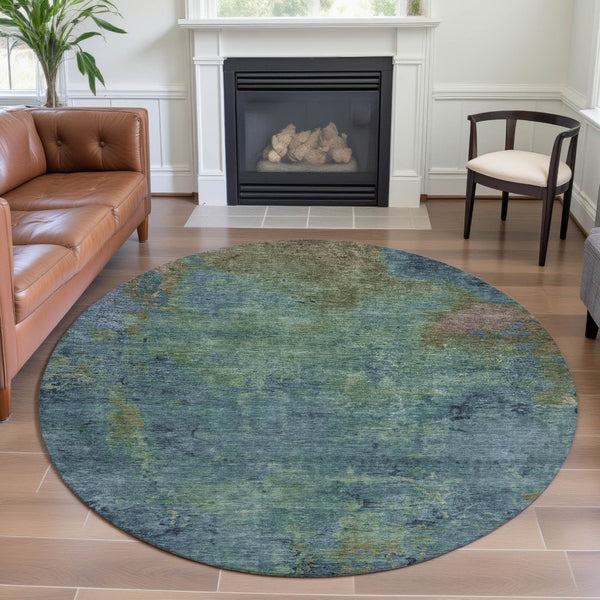 HomeRoots 8' Round Washable Area Rug in Blue Green & Beige - UV Protected, Stain-Resistant, Stylish & Soft 692742