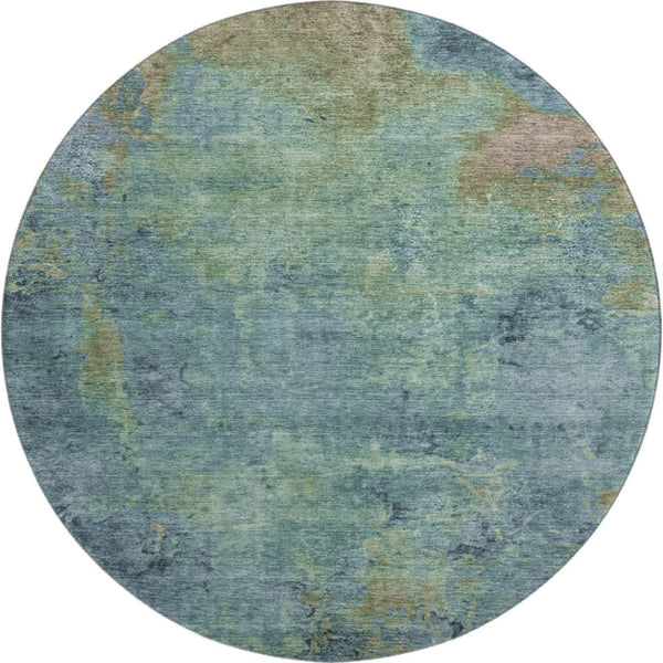 HomeRoots 8' Round Washable Area Rug in Blue Green & Beige - UV Protected, Stain-Resistant, Stylish & Soft 692742