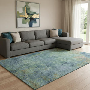 HomeRoots 8' Modern Abstract Blue Green Beige Washable Area Rug with UV Protection for Stylish Living Spaces 692743