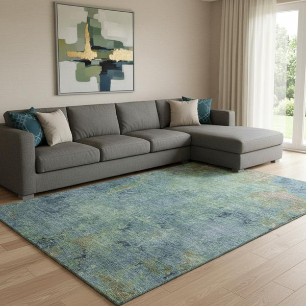 HomeRoots 8' Modern Abstract Blue Green Beige Washable Area Rug with UV Protection for Stylish Living Spaces 692743