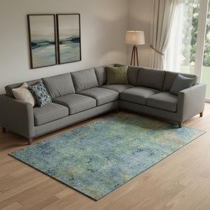 HomeRoots 9' X 12' Contemporary Blue-Green Abstract Area Rug - Washable, UV-Protected, Stain-Resistant Design 692744