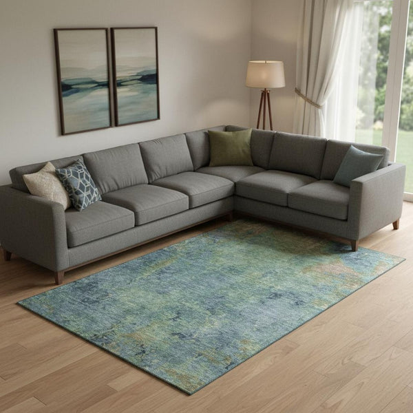 HomeRoots 9' X 12' Contemporary Blue-Green Abstract Area Rug - Washable, UV-Protected, Stain-Resistant Design 692744