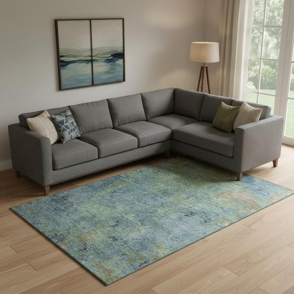 HomeRoots 10' x 14' Washable Abstract Area Rug in Blue, Green, Beige - Durable, UV-Protected for Busy Homes 692745