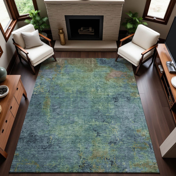 HomeRoots 10' x 14' Washable Abstract Area Rug in Blue, Green, Beige - Durable, UV-Protected for Busy Homes 692745