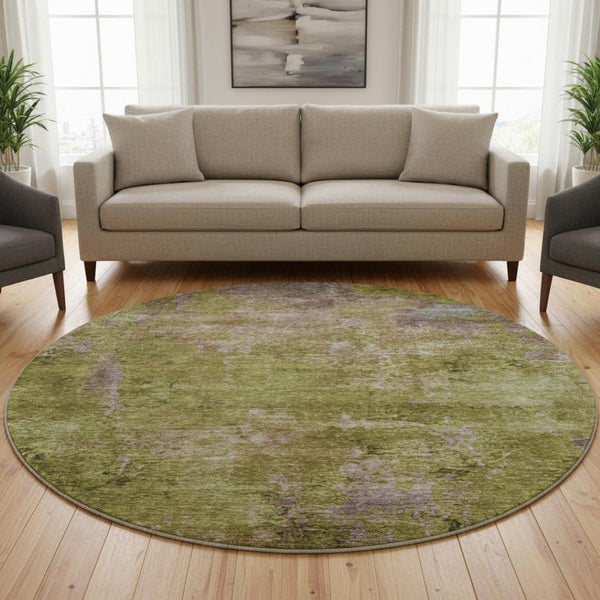 HomeRoots 8' X 8' Abstract Washable Round Rug in Green, Brown & Beige - UV Protected, Stain Resistant, Soft Comfort 692748