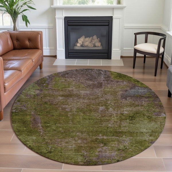 HomeRoots 8' X 8' Abstract Washable Round Rug in Green, Brown & Beige - UV Protected, Stain Resistant, Soft Comfort 692748