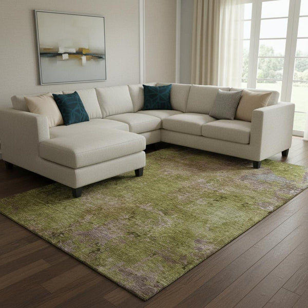 HomeRoots 8' Stylish Green, Brown & Beige Abstract Washable Area Rug - UV Protected, Stain Resistant Comfort 692749