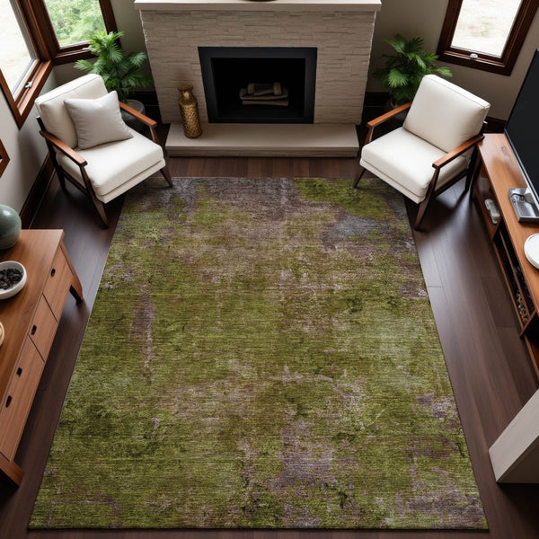HomeRoots 8' Stylish Green, Brown & Beige Abstract Washable Area Rug - UV Protected, Stain Resistant Comfort 692749
