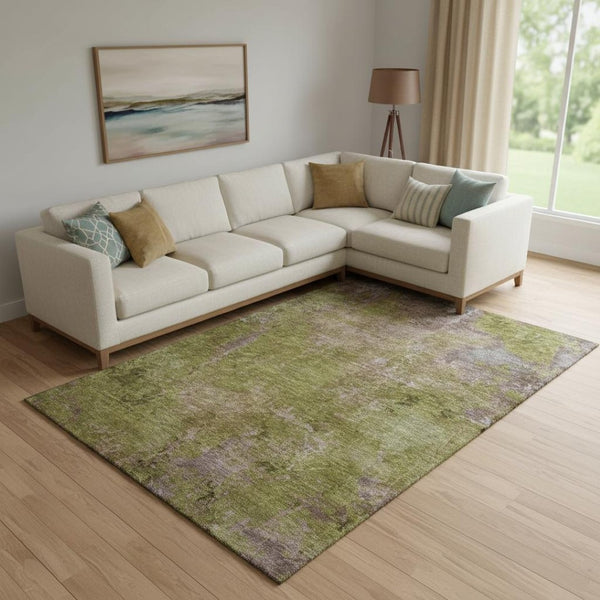 HomeRoots 9' Modern Abstract Area Rug in Green, Brown & Beige - Washable, UV Protected, Non-Slip Design! 692750