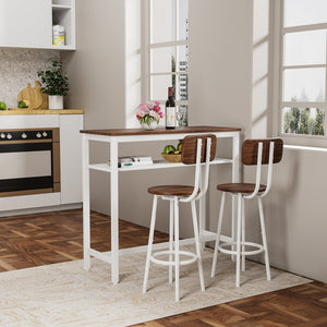 English Elm 3 Piece Bar Table Set with Storage Rack, Counter Height Wood Top & White Metal Frame, 2 Stools Ideal for Kitchen, Dining, Bar (39.4x15.7x36.2 in) W578P304321