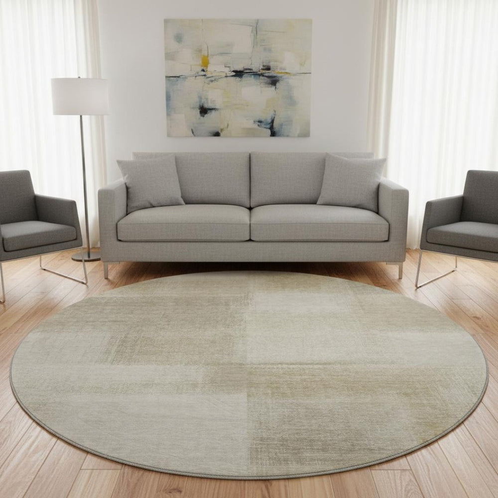 HomeRoots 8' X 8' Modern Taupe & Ivory Geometric Round Rug - Washable, UV Protected, Durable for Active Homes 692760