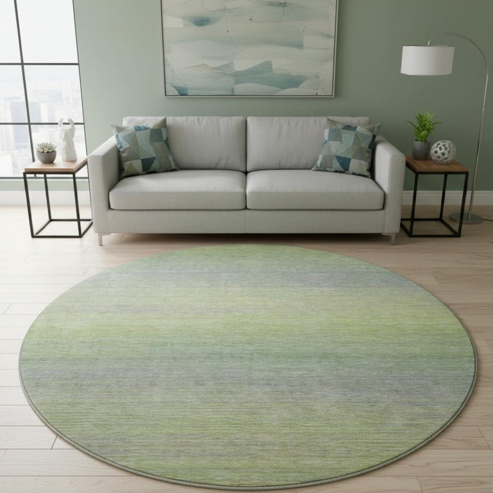 HomeRoots 8' X 8' Artichoke Green & Gray Striped Washable Round Rug – Durable, Stain Resistant & UV Protected! 692766