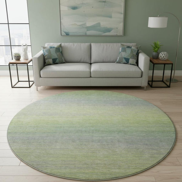 HomeRoots 8' X 8' Artichoke Green & Gray Striped Washable Round Rug – Durable, Stain Resistant & UV Protected! 692766