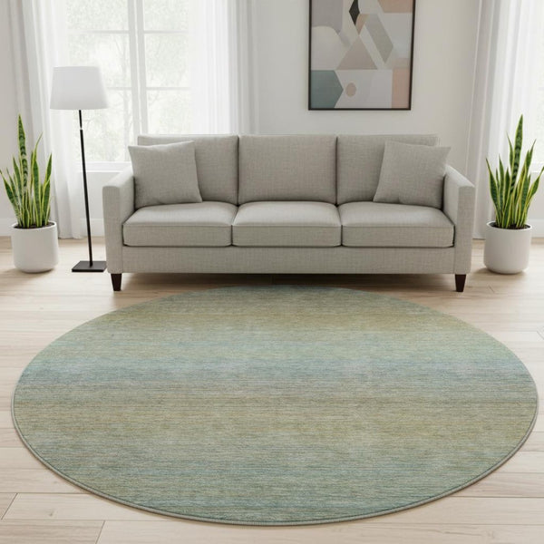 HomeRoots 8' Round Washable Rug in Blue, Beige & Taupe Stripes - UV Protected, Stain Resistant, Ideal for Homes 692772