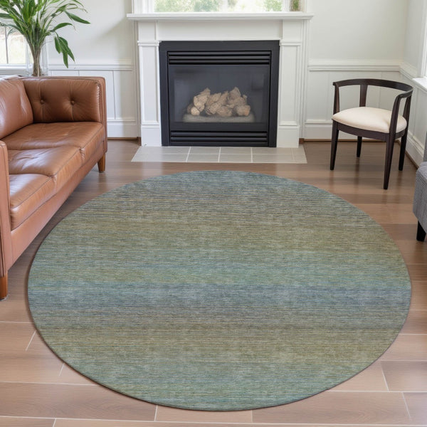 HomeRoots 8' Round Washable Rug in Blue, Beige & Taupe Stripes - UV Protected, Stain Resistant, Ideal for Homes 692772