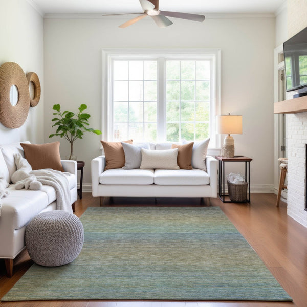 HomeRoots 9' X 12' Striped Area Rug in Blue, Beige & Taupe - Washable, UV-Protected, Durable for High-Traffic Areas 692774