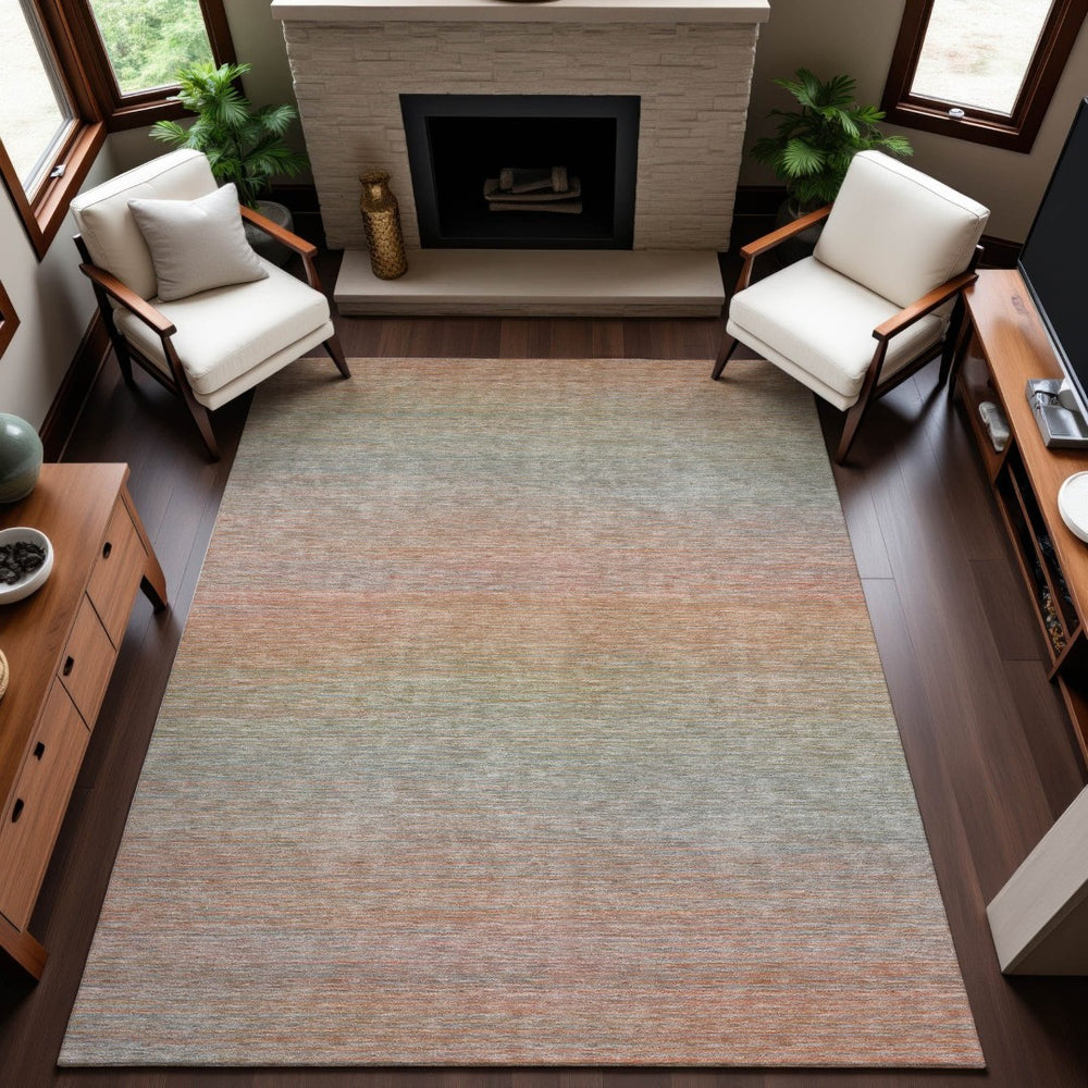 HomeRoots 5' X 8' Coral Denim Blue & Salmon Striped Area Rug – Washable, UV Protected, Non-Slip, Stain Resistant 692777