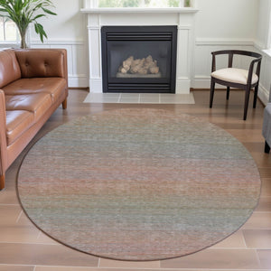 HomeRoots 8' Coral Denim Blue & Salmon Striped Washable Round Rug with UV Protection for Family Spaces 692778