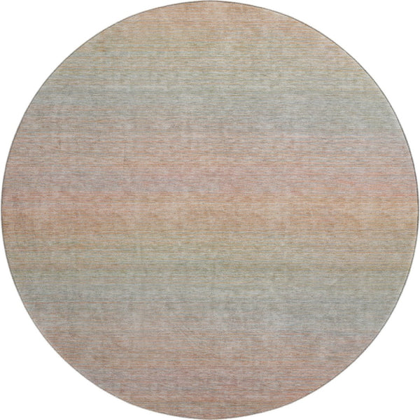 HomeRoots 8' Coral Denim Blue & Salmon Striped Washable Round Rug with UV Protection for Family Spaces 692778
