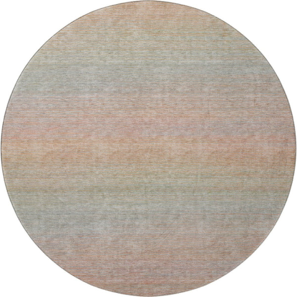 HomeRoots 8' Coral Denim Blue & Salmon Striped Washable Round Rug with UV Protection for Family Spaces 692778