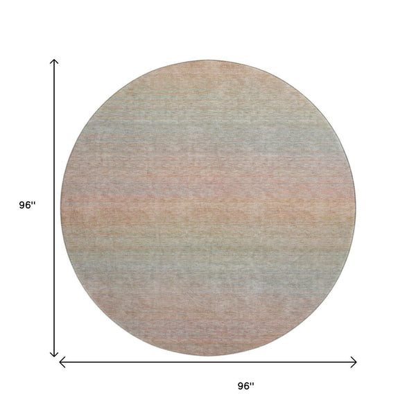 HomeRoots 8' Coral Denim Blue & Salmon Striped Washable Round Rug with UV Protection for Family Spaces 692778