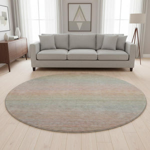 HomeRoots 8' Coral Denim Blue & Salmon Striped Washable Round Rug with UV Protection for Family Spaces 692778