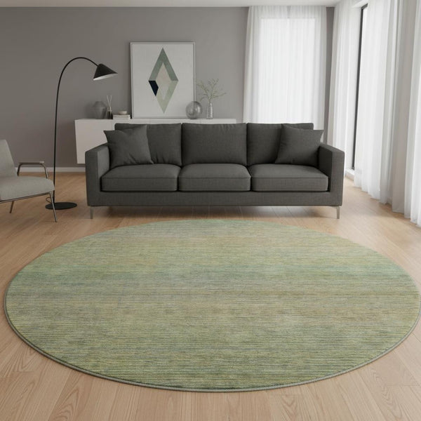 HomeRoots 8' Round Fern Green & Blue Striped Washable Rug - UV Protected, Stain Resistant, Easy Care Solution 692784