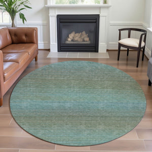 HomeRoots 8' X 8' Teal And Taupe Striped Round Rug - Washable, UV Protected, Durable for High-Traffic Areas 692790