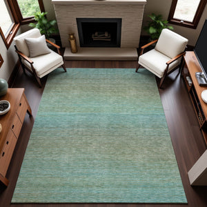 HomeRoots 9' X 12' Teal and Taupe Striped Area Rug - Durable, Washable, UV-Protected, Non-Slip Design for Homes 692792