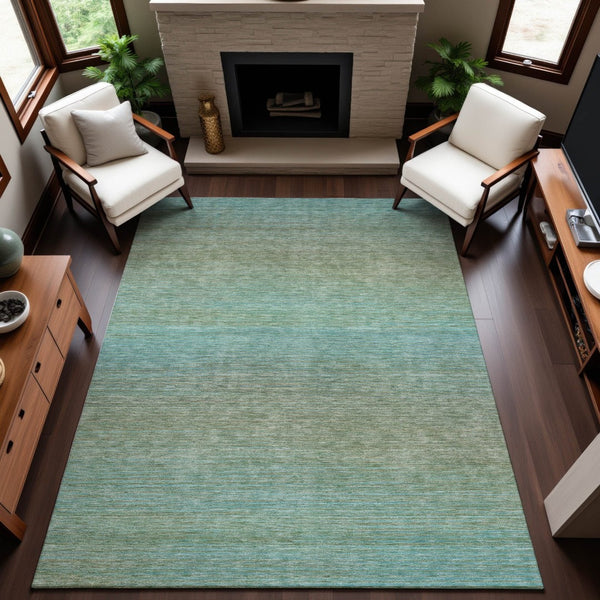 HomeRoots 9' X 12' Teal and Taupe Striped Area Rug - Durable, Washable, UV-Protected, Non-Slip Design for Homes 692792